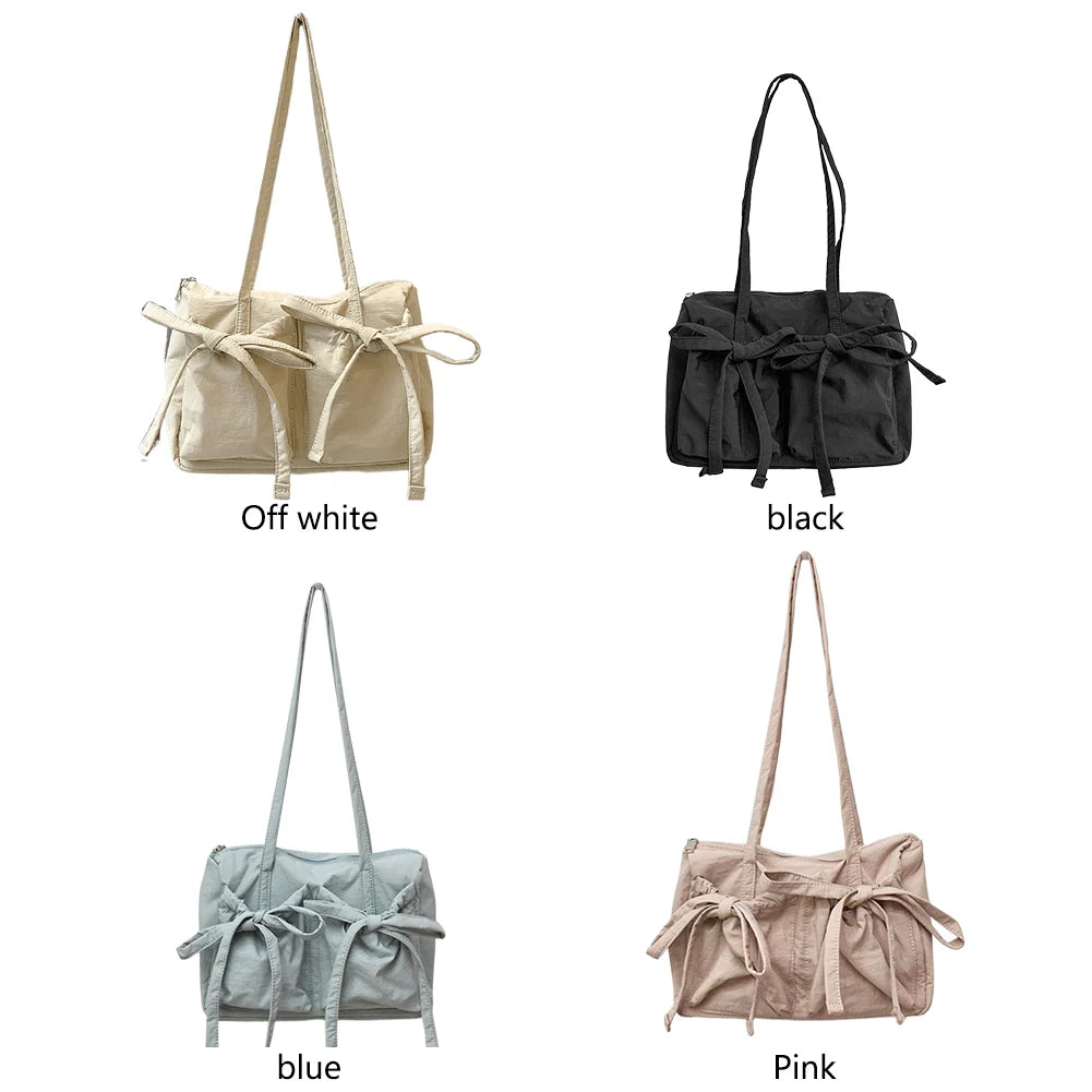 Women Fashion Shoulder Purse Zipper Closure Travel Tote Handbag Solid Color Nylon Grocery Purse Girls Outdoor Daily Bag