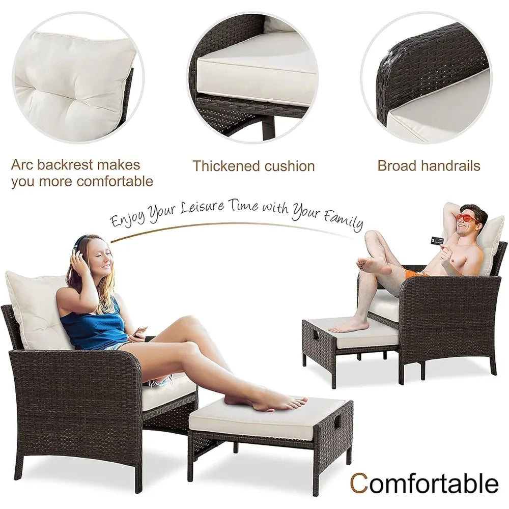 5 Piece Patio Set, All Weather PE Wicker Rattan Outdoor Chair and Ottoman Sets, Wicker Patio Furniture Set