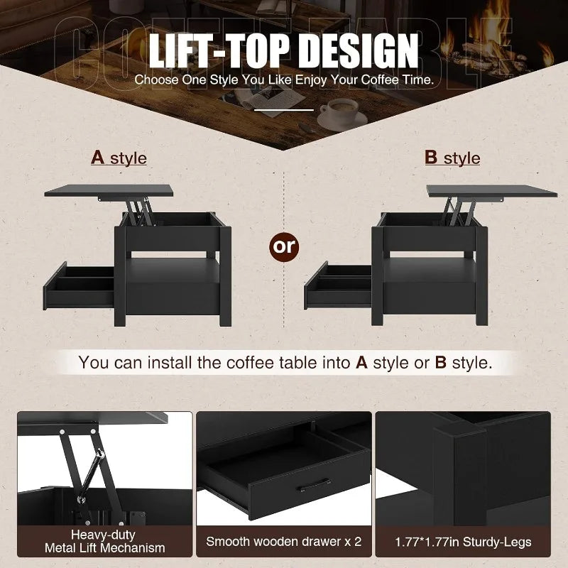 Coffee Table, Lift Top Coffee Table with Drawers and Hidden Compartment, Retro Central Table with Wooden Lift Tabletop