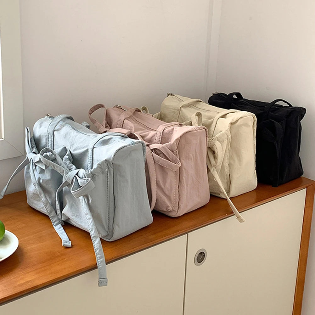 Women Fashion Shoulder Purse Zipper Closure Travel Tote Handbag Solid Color Nylon Grocery Purse Girls Outdoor Daily Bag