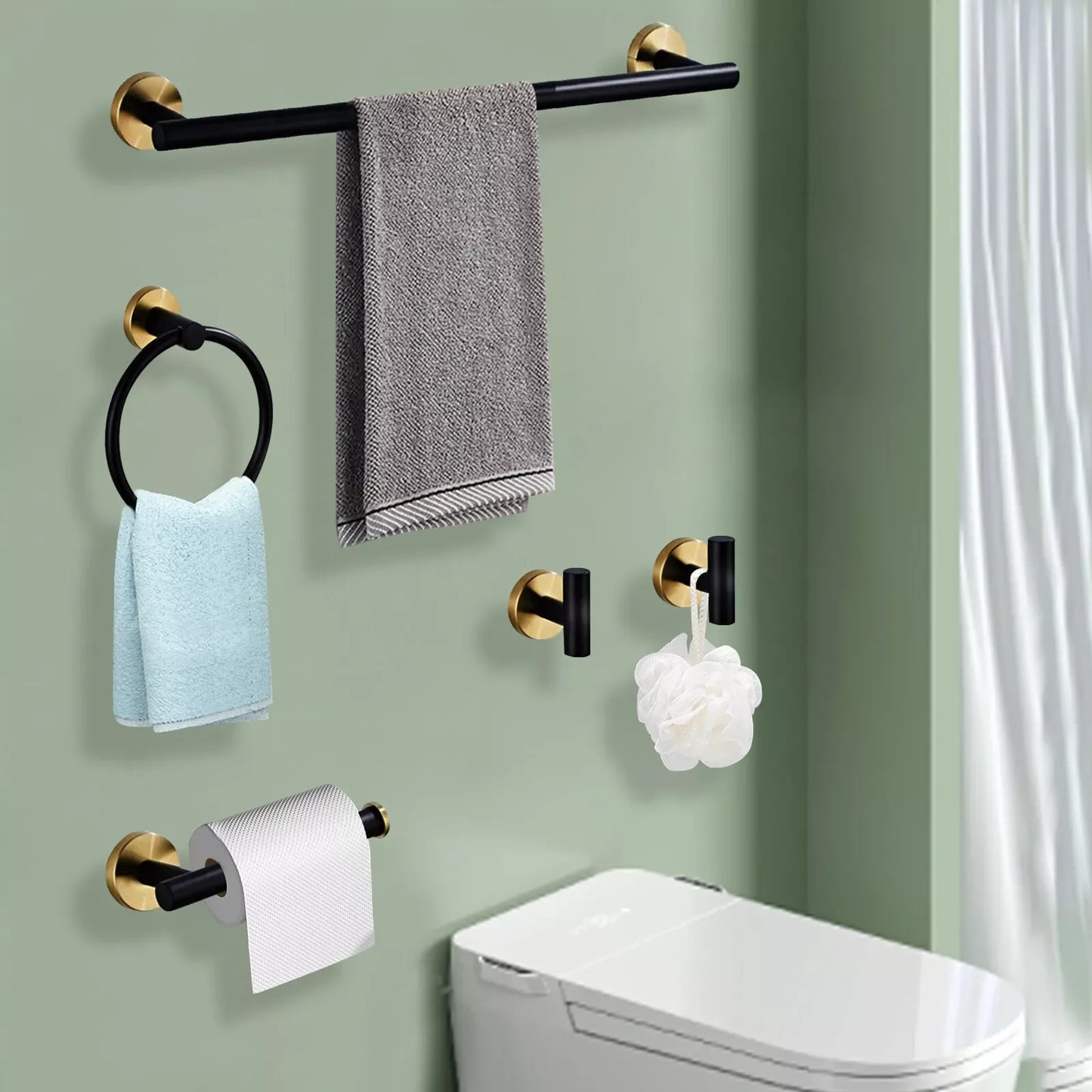 5-Piece Bathroom Bath Hardware Accessories Set Paper Holder Towel Bar Hooks Kit Matte For Home Black+Gold 304 Stainless Steel