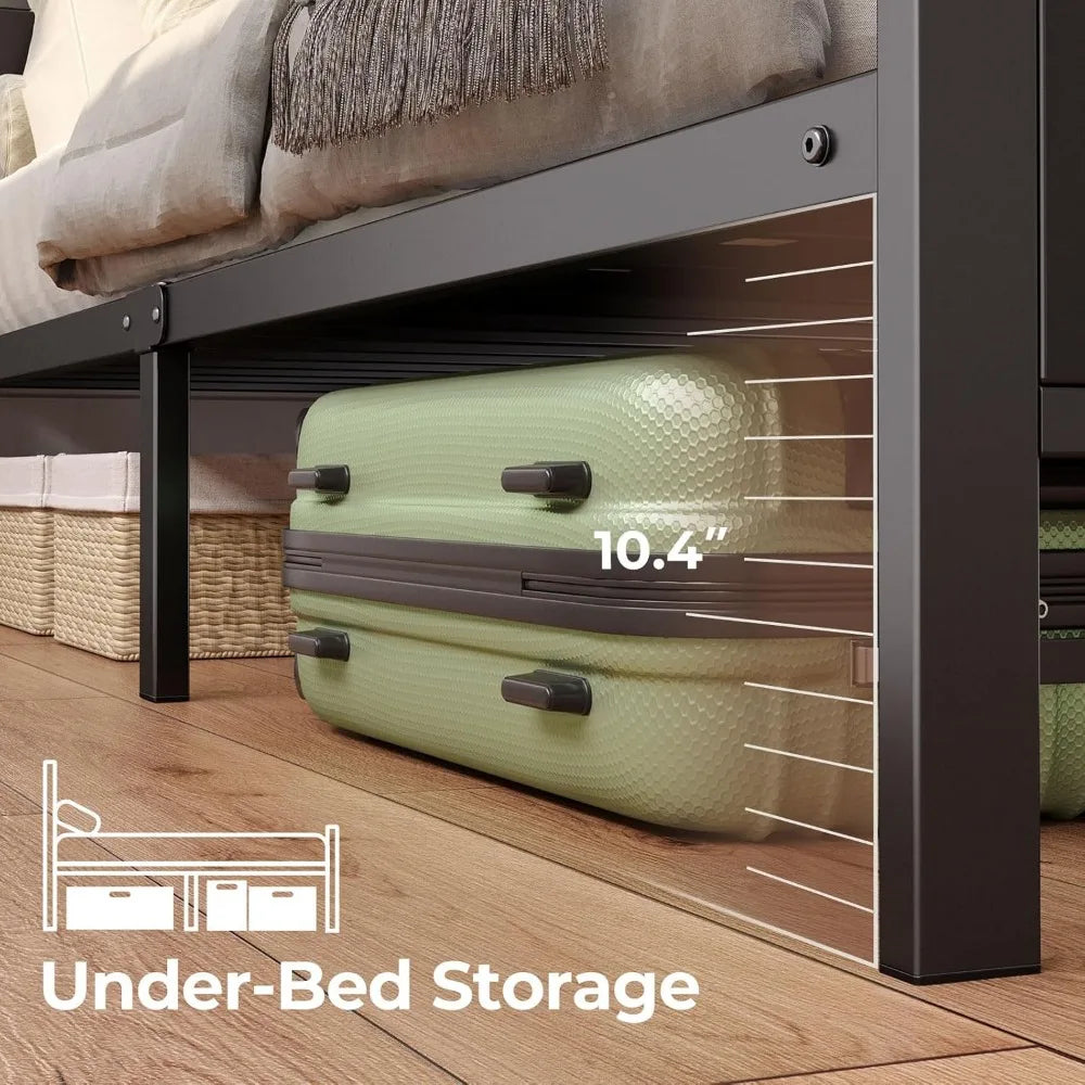 Twin Bed Frame with Charging Station, LED Bed with Bookcase Storage Headboard, Metal Platform Bed with Glass Shelves, No Box