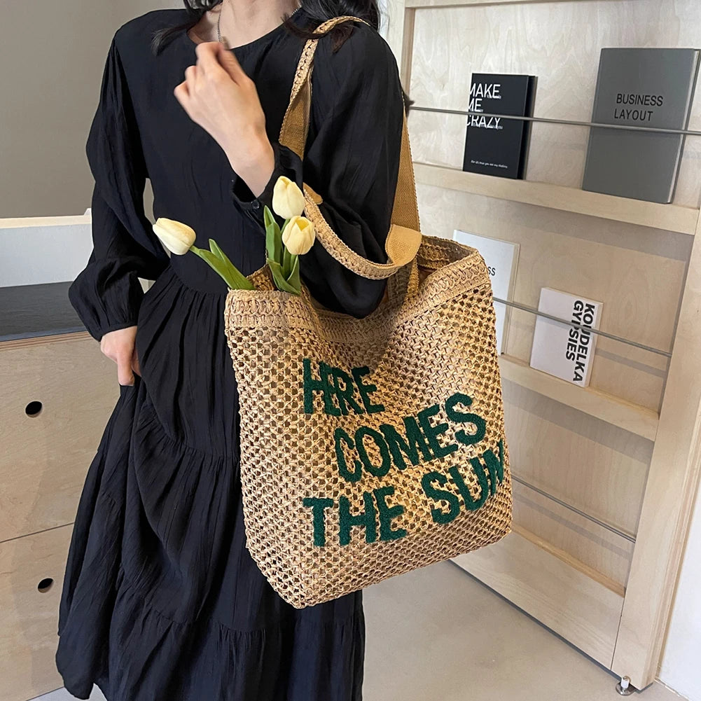 Fashion Hollow Out Straw Weaving Handbag Hand-Woven Beach Shoulder Bag Summer Large Capacity Tote Bag Women Crochet Underarm Bag