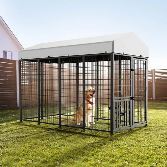 Dog Kennel Outdoor Pet Pens Dogs Run Enclosure Animal Hutch Metal Coop Fence with Roof Cover, Dogs Playpen