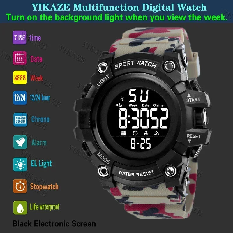 YIKAZE Military Sport Watches Waterproof Men's LED Digital Watch Big Dial Alarm Clock Multifunction Sport Watch for Man Kid Gift