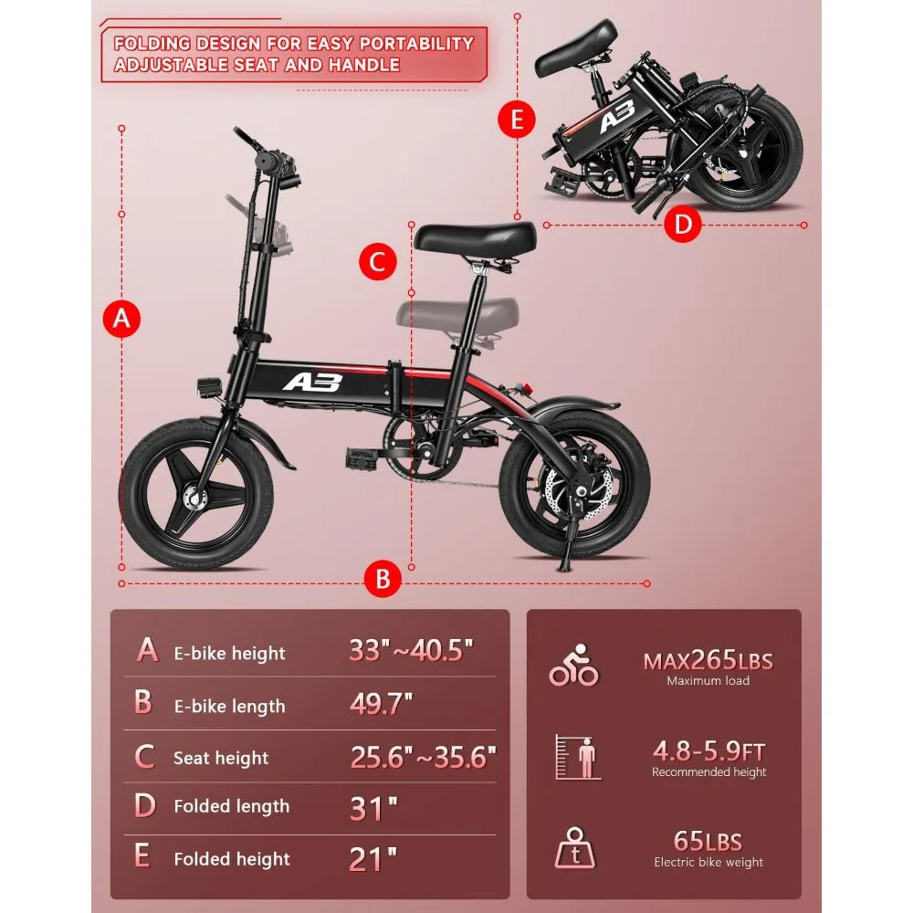 14’’ Electric Bike, Folding Electric Bicycle for Adults, 22 Mph,20+ Miles,350W (Peak 400W) Motor,Mini Fat Tire Ebike, 36V