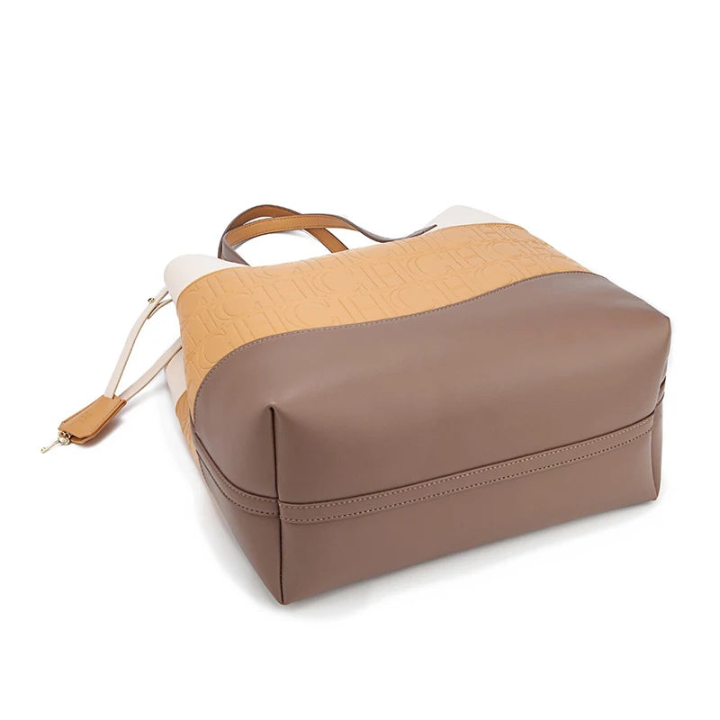CH Versatile Trend Tote Bag Leather Solid Color Splicing Large Capacity Crossbody Bag Simple Fresh Style Commuting Shoulder Bag