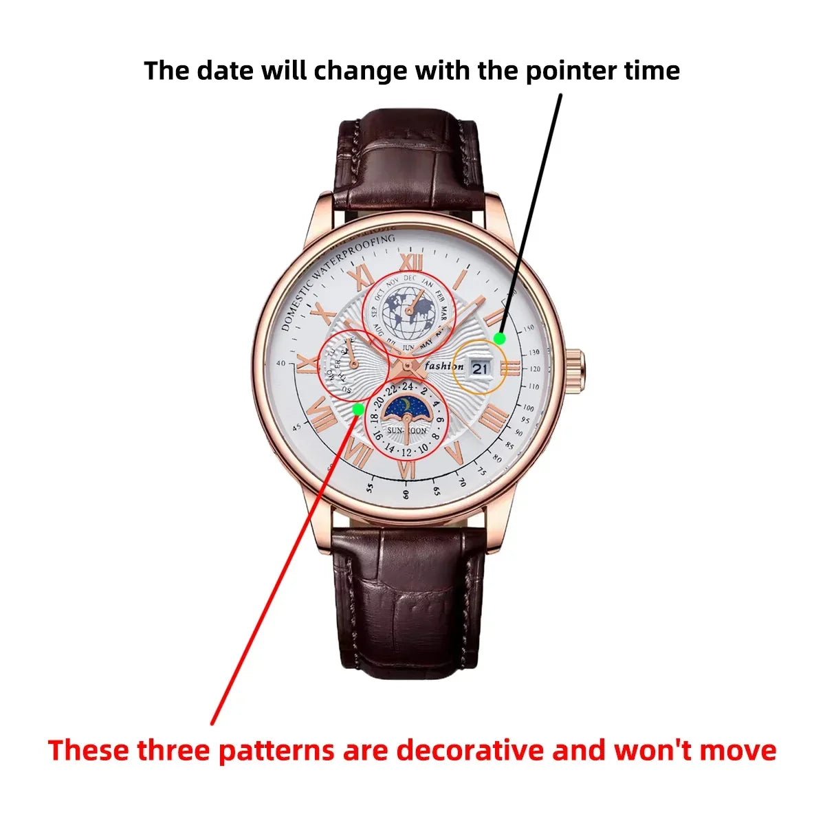 Luxury Man Watch Waterproof Chronograph Moon Phase Pattern Luminous Men's Wristwatch Leather Men Quartz Watches Casual Clock