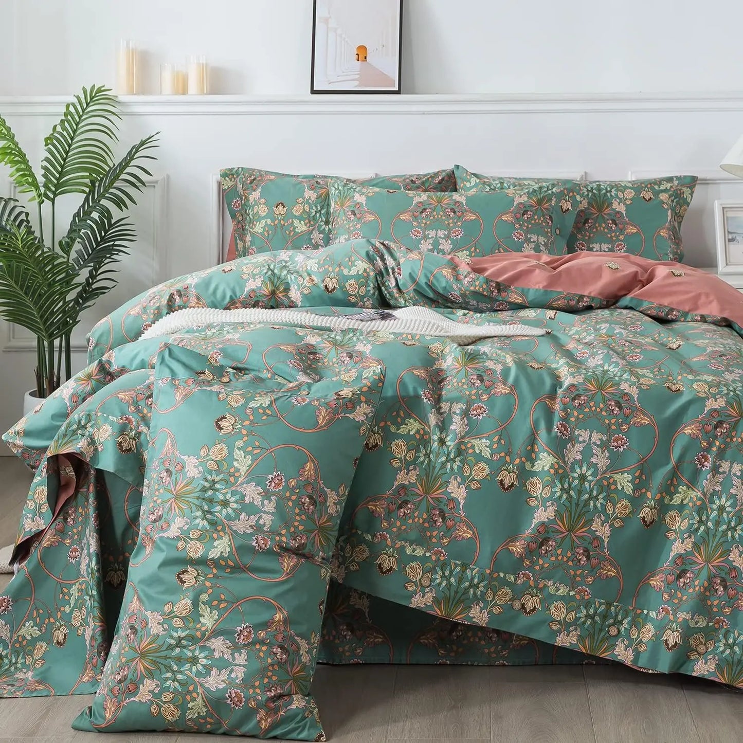 Floral Duvet Cover Queen 100% Cotton Blue Green Farmhouse Bedding Super Soft Reversible Striped Country Bed Purple Hydrangea