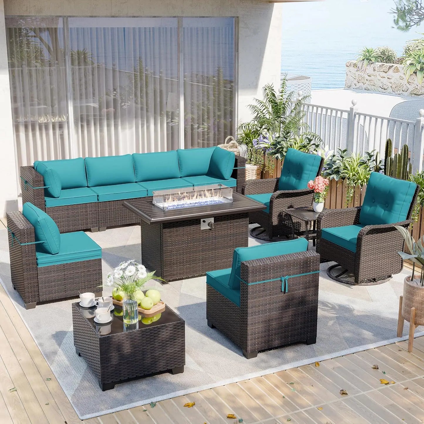 Patio Furniture Modularwith Swivel Chairs Outdoor Sectional Wicker Rattan w/Fire Pit Conversation Sofa Set for Backyard