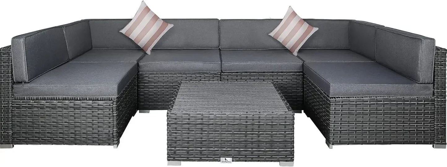 7 Piece Outdoor Patio Furniture Sets with Cushions,Patio PE Rattan Wicker Conversation Couch Sets with Slatted Table,Pillows