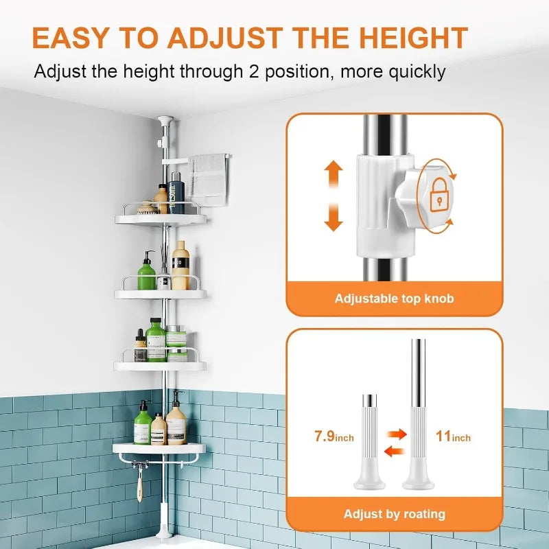 Corner Shower Shelf Tension Rod: Rust-Proof 4-Tier Shampoo Storage Organizer for Indoor Shower - Telescopic Rod Shower Rack