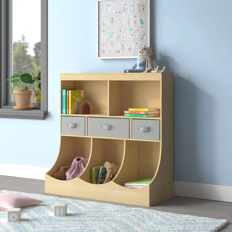 Kids Toy Storage Organizer, Organization Storage Cabinet W/Display Shelf & 3 Removable Fabric Bins, Wooden Toy Storage Unit