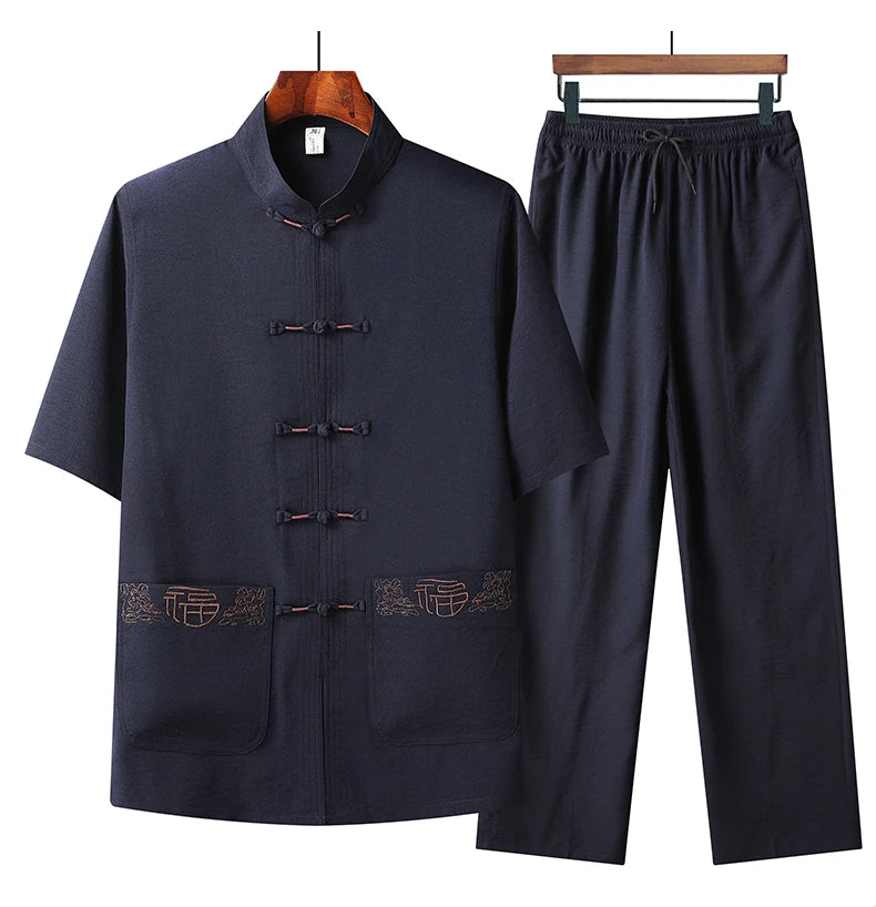 Chinese style Shirts + Pants summer 100% Cotton linen Sportswear Men's Casual Sets spring Male Fashion Chinese style trousers