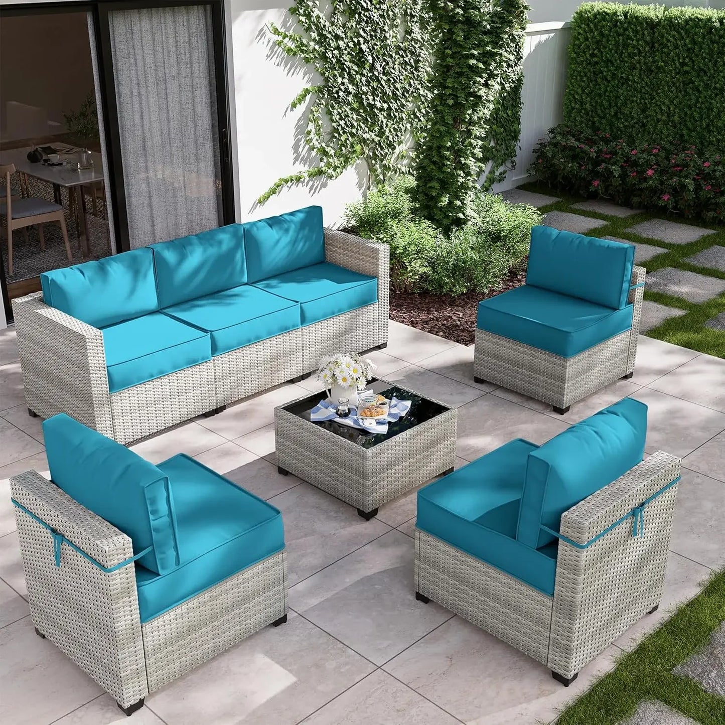8-Piece Patio Furniture Set With Fire Pit Table, Seat Cushions Light Grey Outdoor Modular Wicker Conversation Set