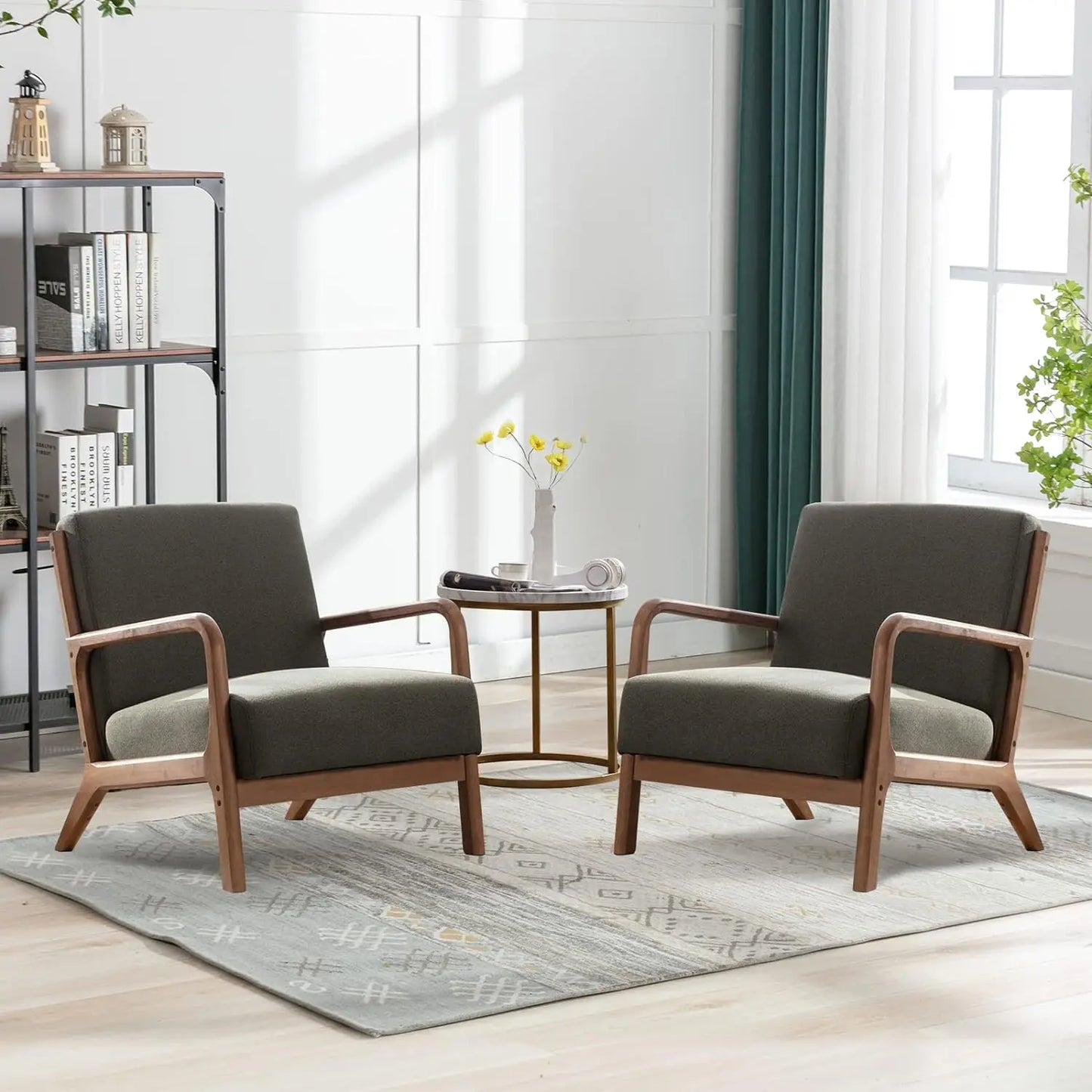 Mid Century Modern Accent Chairs Set of 2, Single Fabric Lounge Reading Armchair with Solid Wood Frame,Easy Assembly Arm Chairs