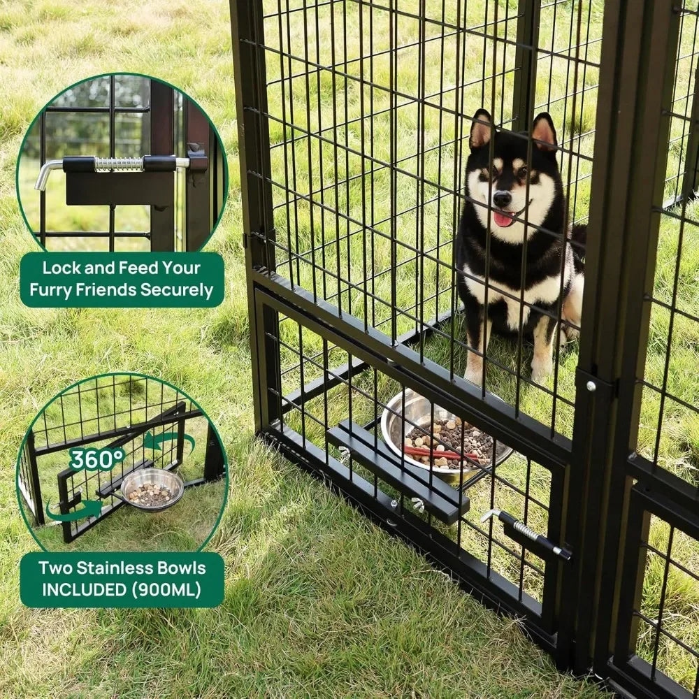Dog Kennel Outdoor with Roof and Rotating Bowl Holders, Large Metal Dog Enclosure, Heavy Duty Dog House Built