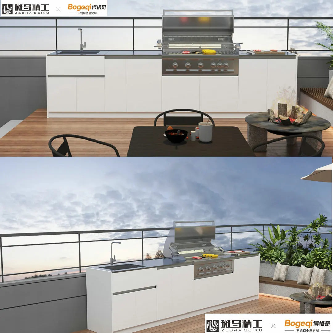 Stainless steel outdoor BBQ kitchen to fit grills refrigerator sink gascooker cabinets drawer counter top working  Bar area