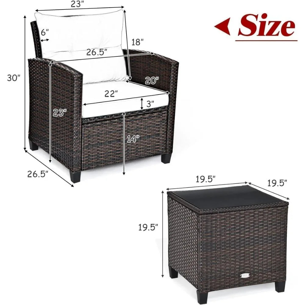 3 Piece Patio Furniture Set, Wicker Bistro Conversation Set w/2 Cushioned Armchairs & Glass Topped Table, Outdoor Rat