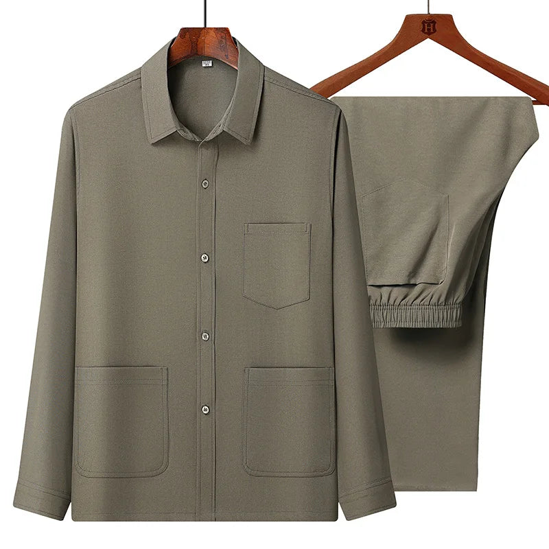 Men Sets Casual Tang Clothing Long Sleeve Shirts Pants two piece Hanfu Kung Tang Suit Chinese Men's National Clothing Suit