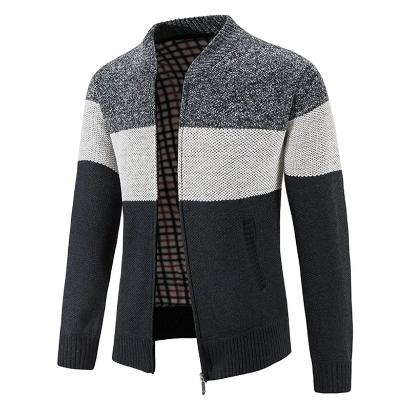 New Fashion Striped Knitted Cardigan Men Winter Fleece Warm Sweater Jacket Mens Daily Casual Knitting Sweater Men Slim Cardigans