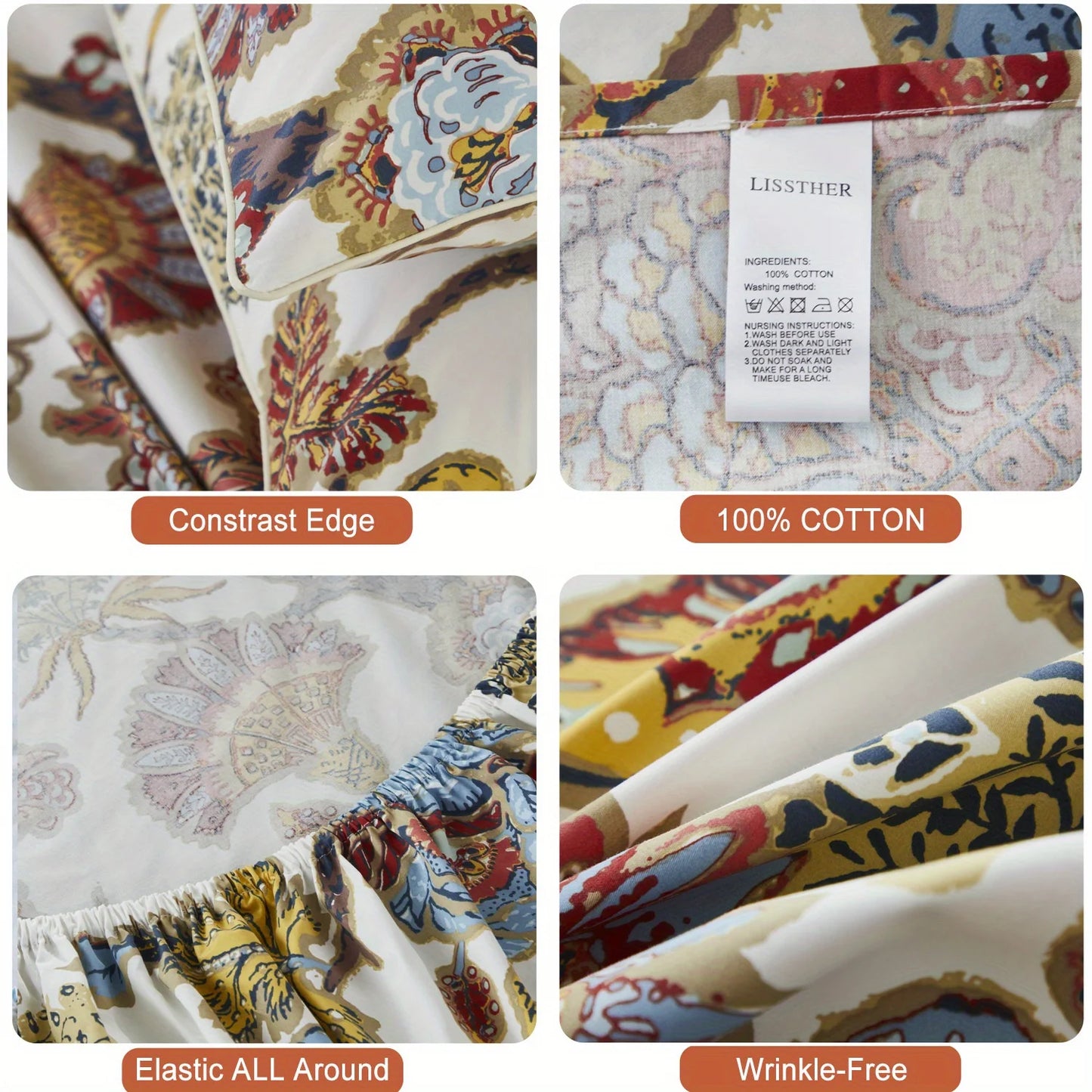 4pcs 600 TC Egyptian Cotton Fitted Sheet Set (Without Core), Boho Damask Floral Bedding Set, Soft Breathable And Skin-friendly