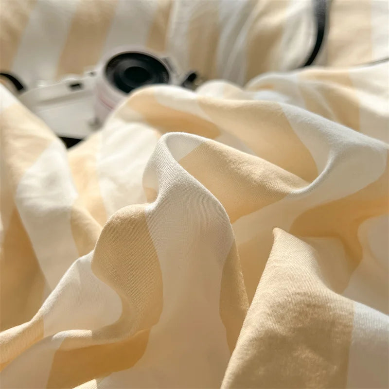 Washed Cotton Double Yarn Crepe Striped Quilt Set 3-4 Pillowcase with Sheet Bedding Cover Supplies 200x230 220x240 Skin Friendly