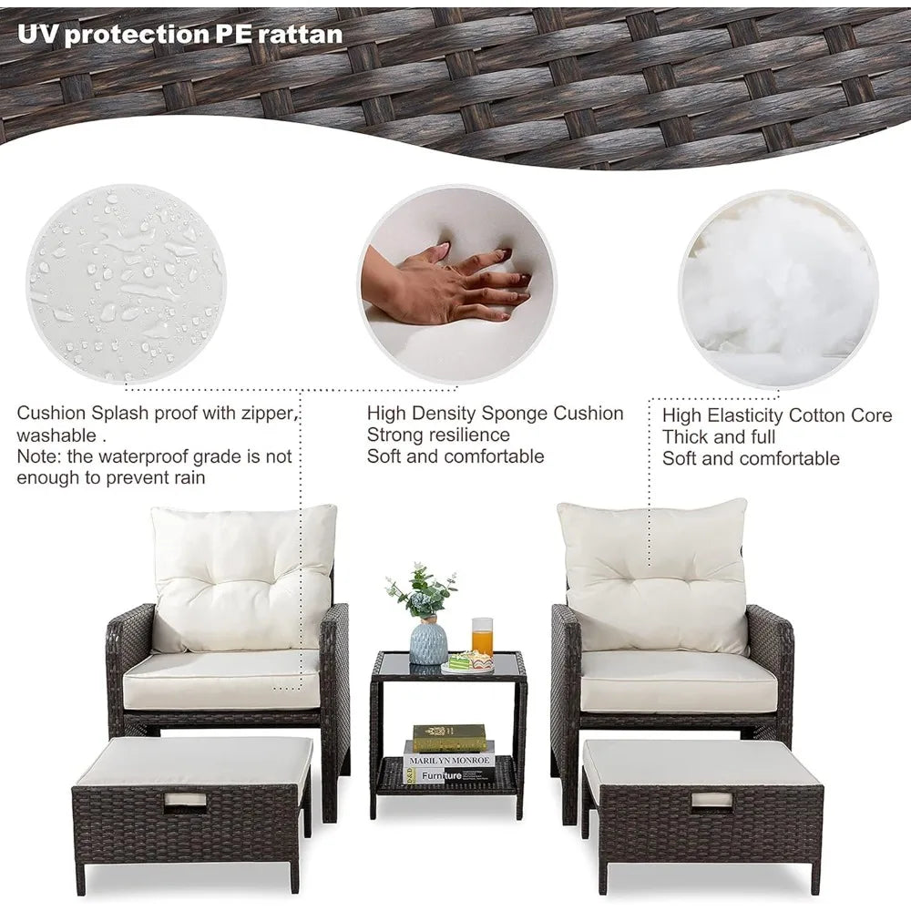 5 Piece Patio Set, All Weather PE Wicker Rattan Outdoor Chair and Ottoman Sets, Wicker Patio Furniture Set