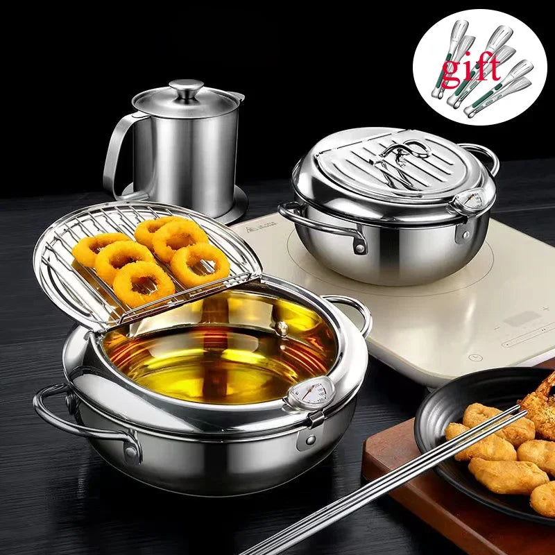 304 Stainless Steel Pan ,Tempura Fryer Pan, Japanese Deep Frying Pot with a Thermometer and a Lid， cookware ，20 /24 /28cm