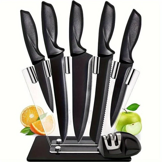 A set of 7 kitchen knives, a set of stainless steel black knives, professional chef's knife, acrylic stand, kitchen accessories