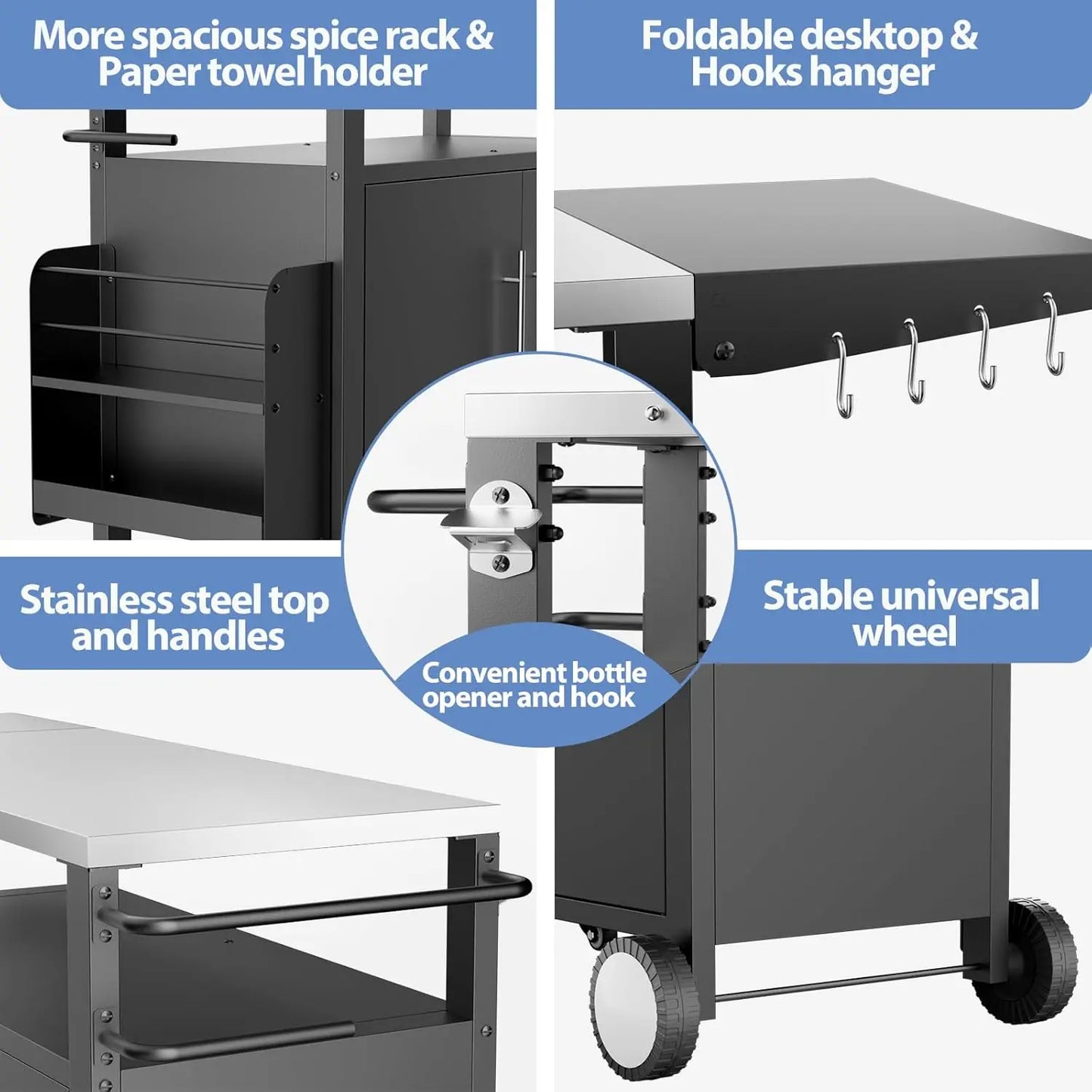Grill Cart with Storage,Patio Kitchen Island with WheelsHooks and Spice Rack,Waterproof Outdoor Grill Table,Movable BBQ Serving