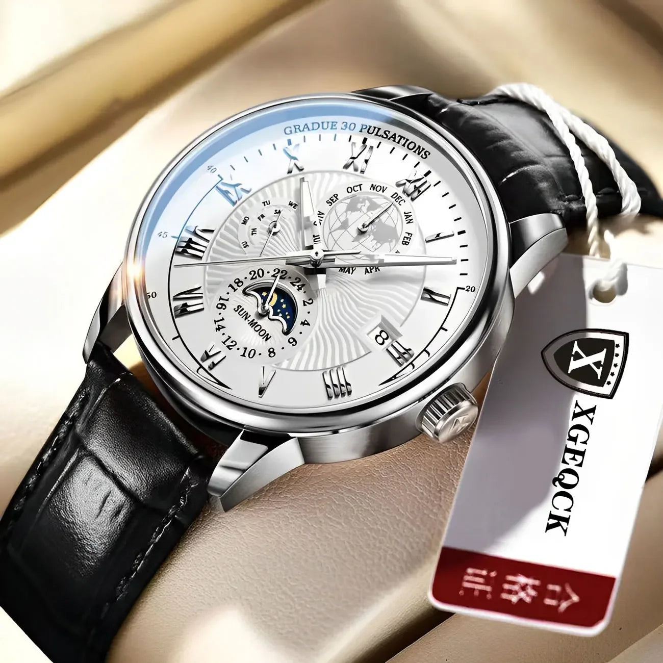 Luxury Man Watch Waterproof Chronograph Moon Phase Pattern Luminous Men's Wristwatch Leather Men Quartz Watches Casual Clock
