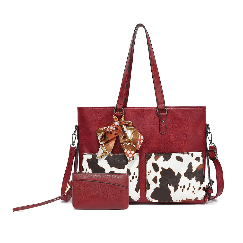 2PC Set Purses Tote Bag For Women, Handbags PU Leather Large Shoulder Bag,  Cow Pattern Work Bags With Multi-Pockets