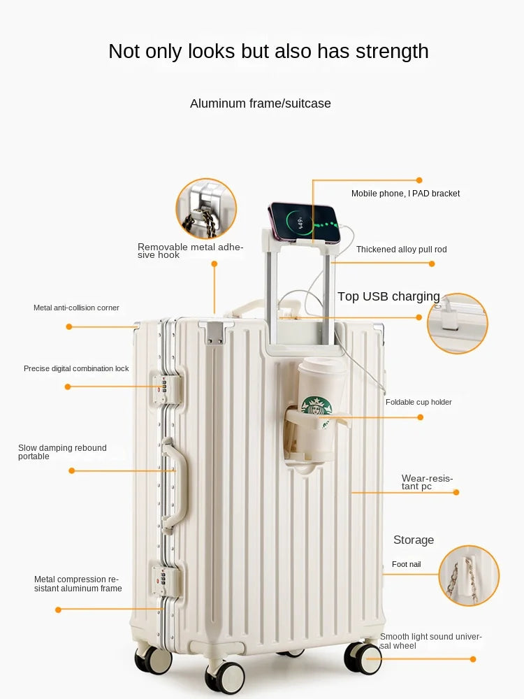 New Fashion 28/30 inch Suitcase Large Size Aluminium Frame Charging Luggage 20 inch Cabin Trip Travel Bags with Cup Holder