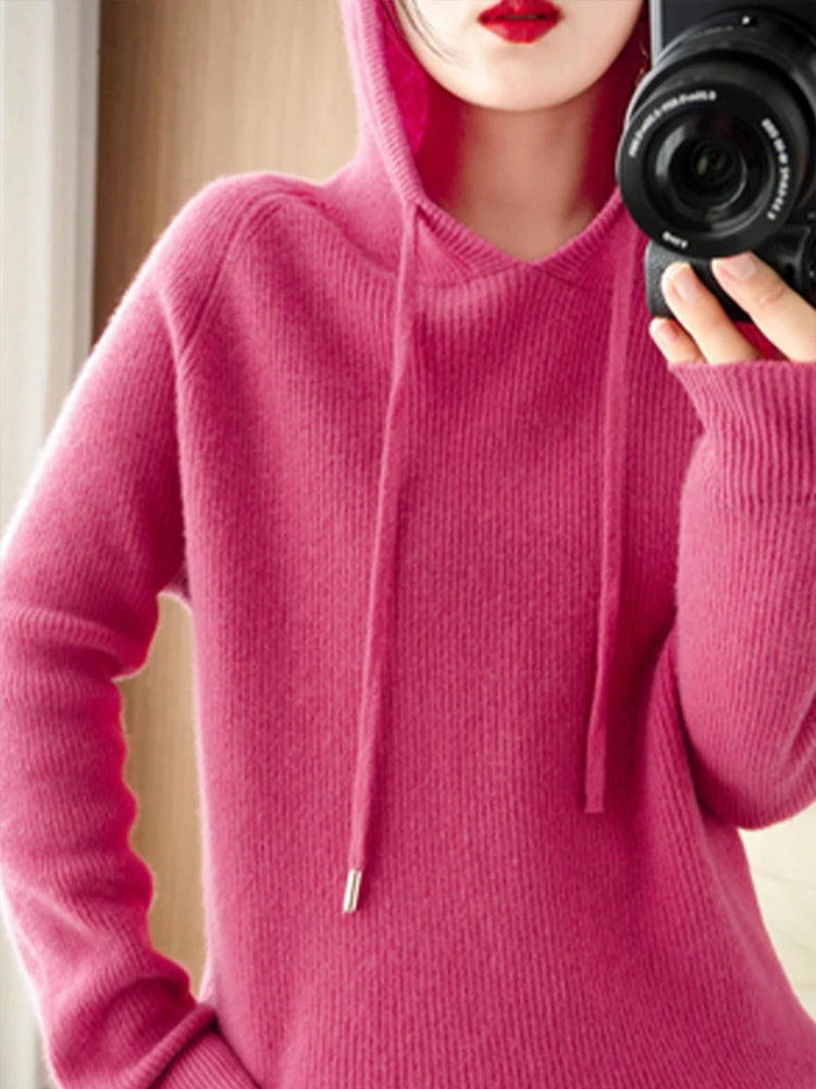Winter Women's Knitted Cashmere Pullover Fashion Wool Sweater Hooded Neck Long Sleeve plane Soft&warm high-quality Basics Tops