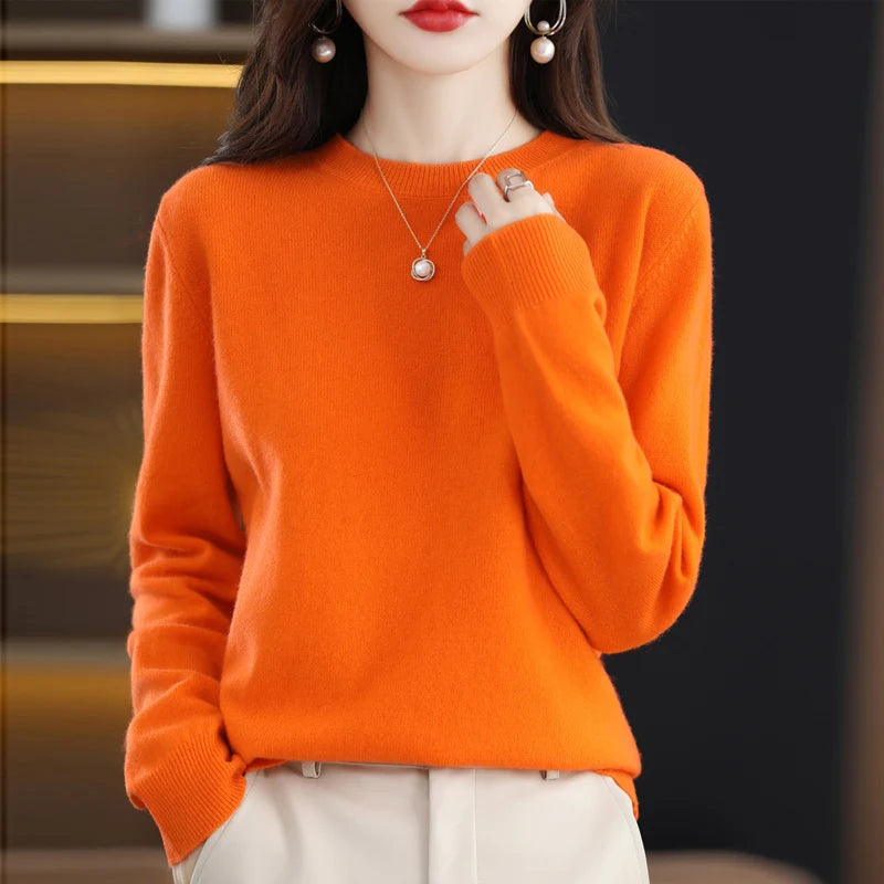 100% pure wool cashmere sweater women's O-neck pullover casual knit top autumn and winter women's coat Korean fashion