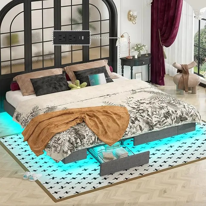 Floating Bed Frame with Storage Drawers & LED Lights, Upholstered Platform Metal Bed Frame with Charging Station, Easy Assembly
