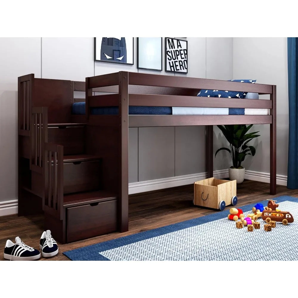 Kids Bed Frame, Contemporary Low Loft Twin Bed with A 3 Drawer Stairway, Cherry with Gray & White Tent, Bed Frame Children