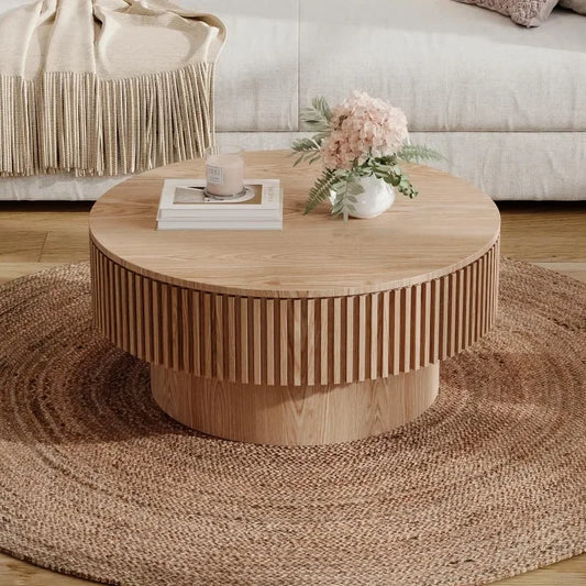 Round Coffee Table with Storage, 31.5" Modern Solid Wood Veneered Drum Coffee Table Circle Wood Table Side Table