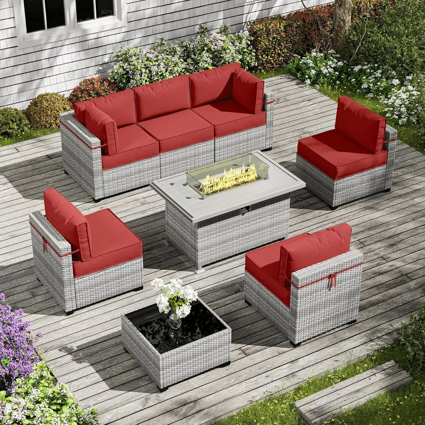 8-Piece Patio Furniture Set With Fire Pit Table, Seat Cushions Light Grey Outdoor Modular Wicker Conversation Set