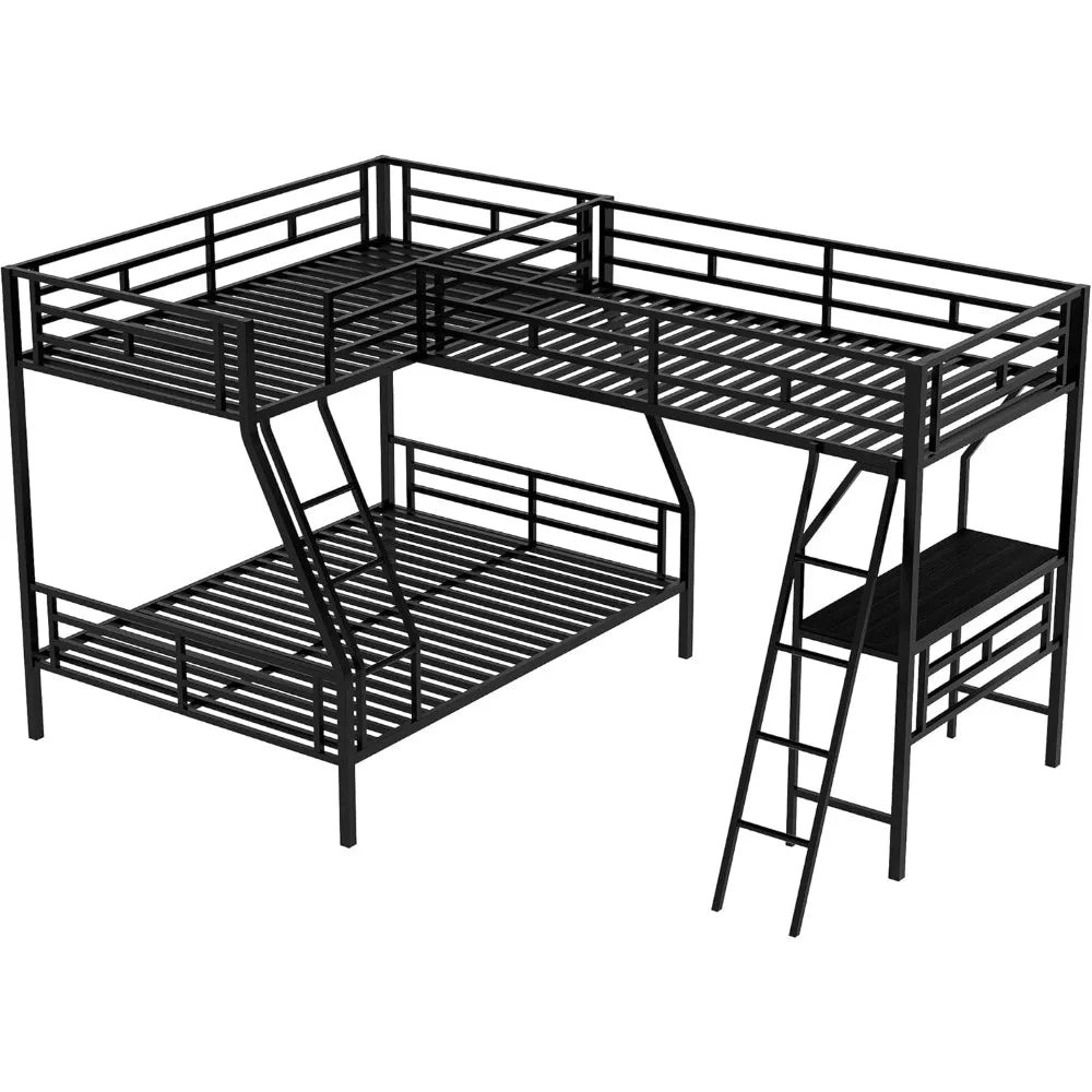 Loft Bed L-Shaped, Twin Over Full Bunk with a Twin Size Loft Bed Attached, with a Desk, 3 Beds Bunk Bed Frame for Kids Teens