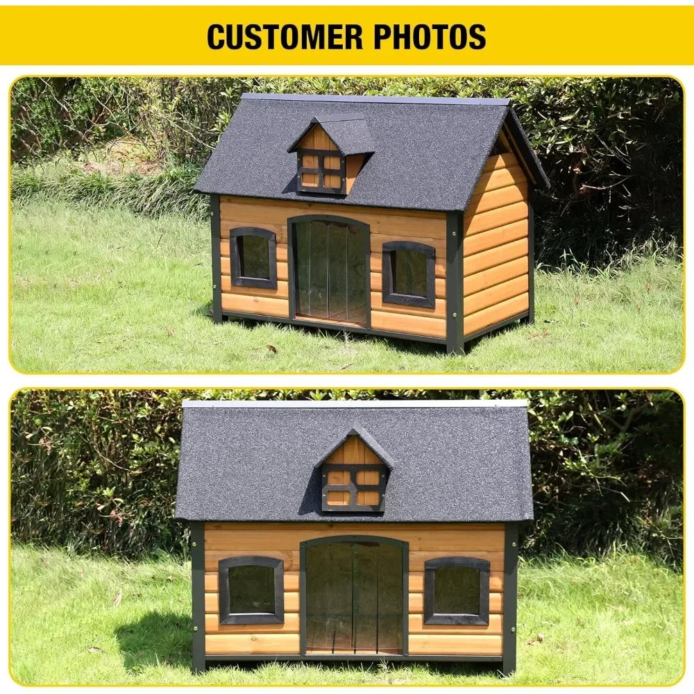 Large Dog House Anti-Chewing Metal Frame Design Insulated Wooden Dog Kennel with Unique Design Roof, Weatherproof