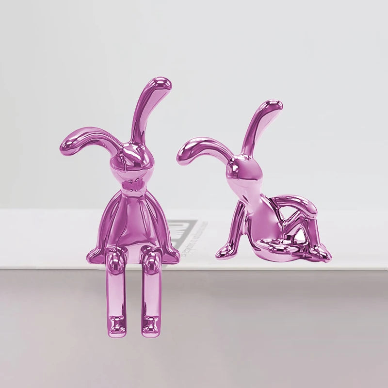 2PCS Gold Silver Long Eared Rabbit Figurine Miniatures Car Decor Pastable Plating Rabbit 3D DIY Statue Home Furnishings Ornament