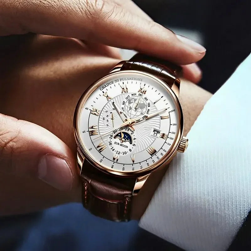 Luxury Man Watch Waterproof Chronograph Moon Phase Pattern Luminous Men's Wristwatch Leather Men Quartz Watches Casual Clock