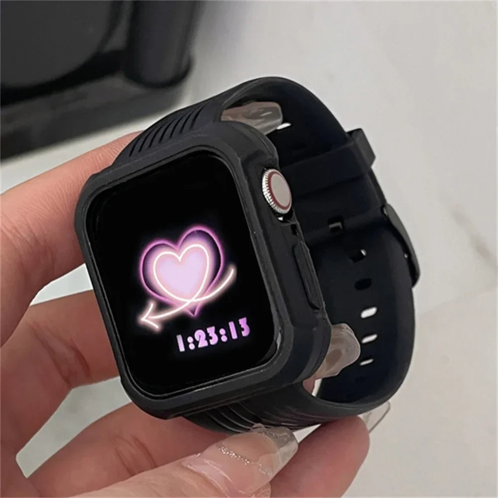 Stripe Sport Matte Band + Case For  Watch 44 45 49 42mm 40/38 For iWatch 7 8 6 5 SE 41 Silicone Women Clear Bracelet Strap