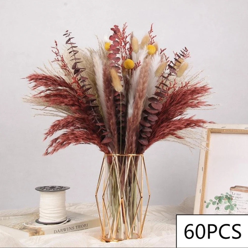 Natural Pampas Grass Bouquet Red Dried Flowers Decor Wedding Floral Arrangement Cotton Reeds DIY Home Bedroom Vase Decoration