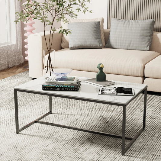 Sintered Stone Coffee Table: Grey Sofa Center Table with Black Metal Frame - Rectangular Furniture Decor Table for Living Room