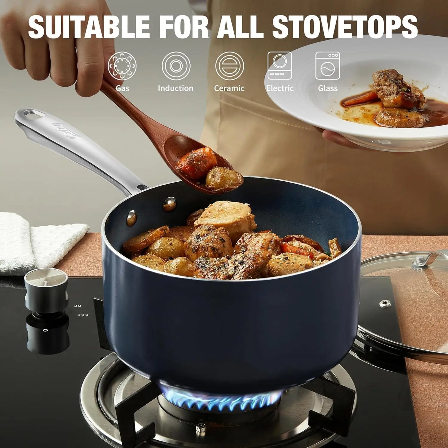 HLAFRG 3QT Nonstick Saucepan with Lid, Toxin-Free Ceramic Coating,Gradient Blue Pan with Stainless Steel Handle, Oven Safe