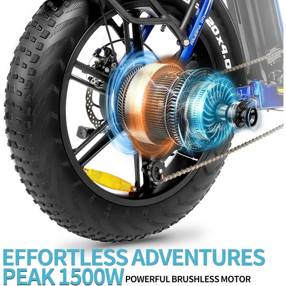 Adult Electric Bike - 1000/1500W, 30/36 MPH, 48V 15/20Ah Removable Battery with 20''/26" Fat Tire 7 Speed Folding Electric Bike