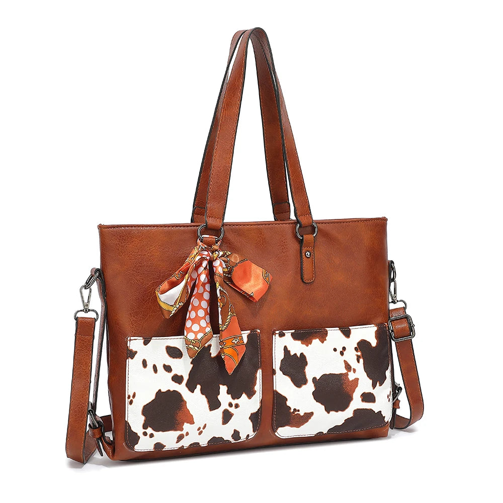 2PC Set Purses Tote Bag For Women, Handbags PU Leather Large Shoulder Bag,  Cow Pattern Work Bags With Multi-Pockets